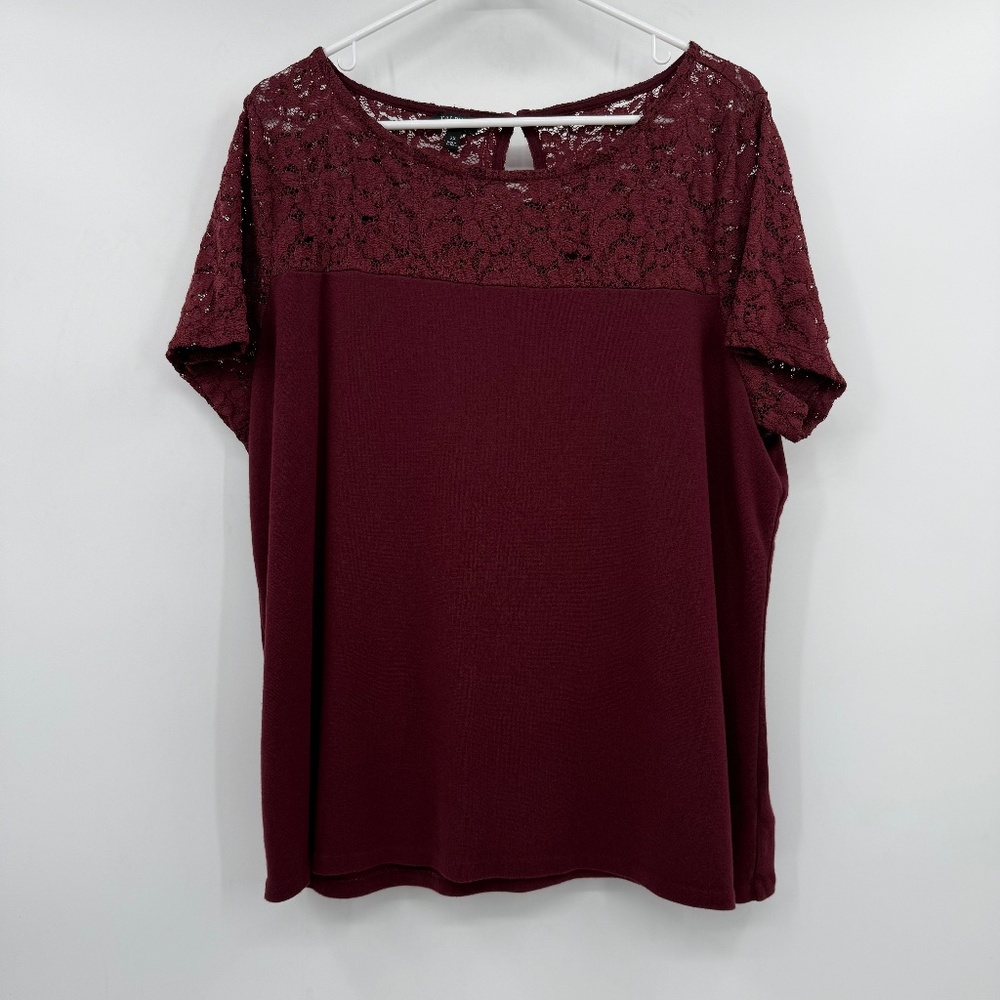 Talbots Top Women 2X Burgundy Short Sleeve Lace Soft Cozy Knit Stretch Boho